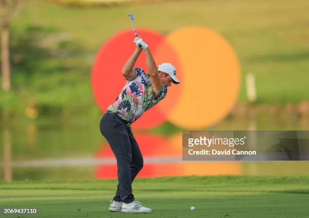 Viktor Hovland of Norway plays his second shot on the 18th hole during the first round of the Arnold Palmer Invitational presented by Mastercard at...