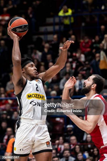 Zach LeDay of Partizan Mozzart Bet Belgrade and Nikola Mirotic of EA7 Emporio Armani Milan in action during the Turkish Airlines EuroLeague Regular...