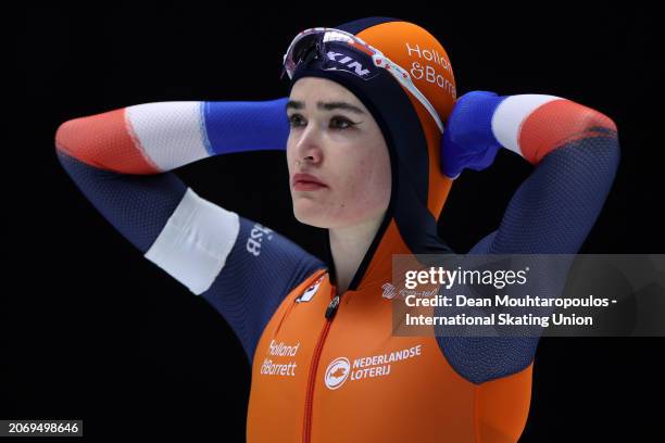 Isabel Grevelt of Netherlands looks on before she competes in the Women's Sprint 2nd 500m at Max Aicher Arena on March 08, 2024 in Inzell, Germany.