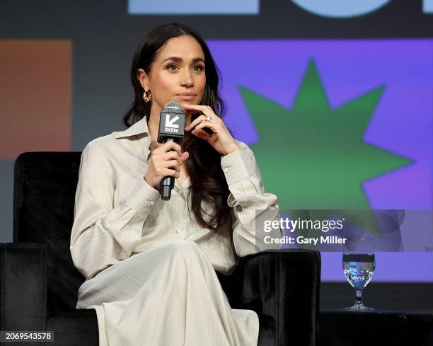 Meghan, Duchess of Sussex speaks onstage during the Breaking Barriers, Shaping Narratives: How Women Lead On and Off the Screen panel during the 2024...