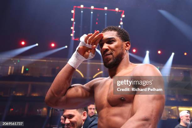 Anthony Joshua celebrates victory after the Heavyweight fight between Anthony Joshua and Francis Ngannou on the Knockout Chaos boxing card at the...