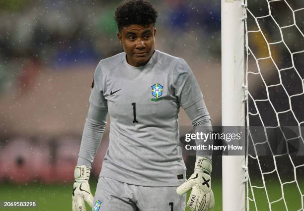 Luciana of Brazil in goal during a 3-0 win over Mexico during the Semifinals 2024 Concacaf W Gold Cup at Snapdragon Stadium on March 06, 2024 in San...