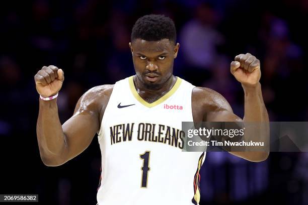 Zion Williamson of the New Orleans Pelicans reacts during the second quarter against the Philadelphia 76ers at the Wells Fargo Center on March 08,...
