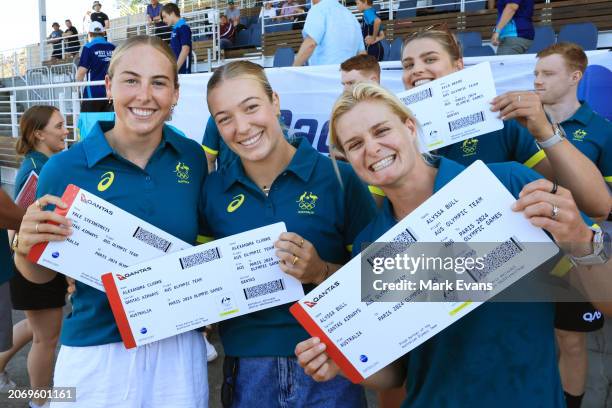 Yale Steinepreis, Alexandra Clarke,Alyssa Bull and Ella Beere pose with their 'boarding passes' during the Australian 2024 Paris Olympic Games Canoe...