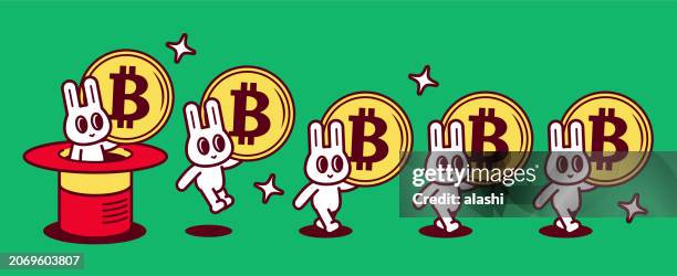a group of cute rabbits, each carrying a big cryptocurrency bitcoin, kept popping out of a magic hat and walking in a straight line - digital currency stock illustrations