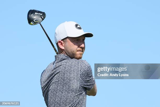 Daniel Berger of the United States plays his shot from the 18th tee during the second round of the Puerto Rico Open at Grand Reserve Golf Club on...