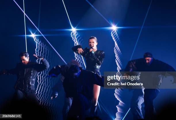 Maria Sur performs the song "When I'm gone" on stage during the first dress rehearsal for Melodifestivalen 2024 at Friends Arena on March 08, 2024 in...