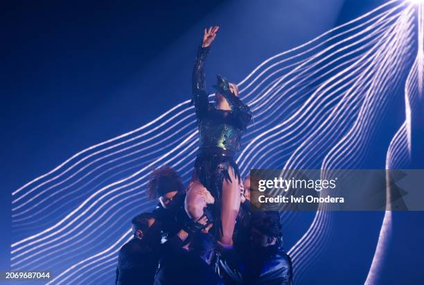 Maria Sur performs the song "When I'm gone" on stage during the first dress rehearsal for Melodifestivalen 2024 at Friends Arena on March 08, 2024 in...