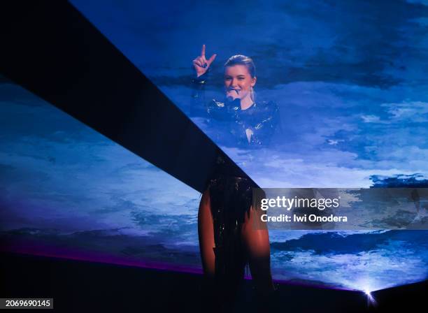 Maria Sur performs the song "When I'm gone" on stage during the first dress rehearsal for Melodifestivalen 2024 at Friends Arena on March 08, 2024 in...