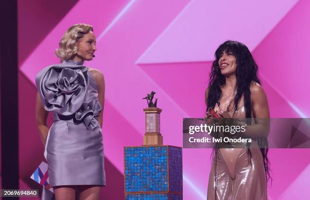 Carina Berg and Loreen during the first dress rehearsal for Melodifestivalen 2024 at Friends Arena on March 08, 2024 in Stockholm, Sweden....