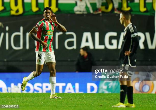 Andre Silva of CF Estrela da Amadora celebrates after scoring a goal during the Liga Portugal Betclic match between CF Estrela da Amadora and Casa...