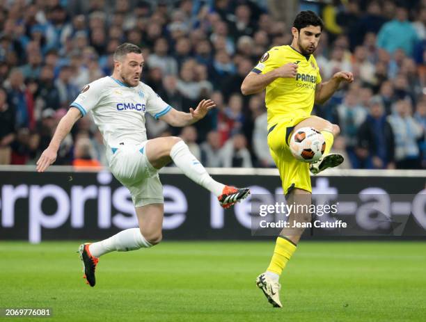 Jordan Veretout of Marseille, Goncalo Guedes of Villareal during the UEFA Europa League 2023/24 round of 16 first leg match between Olympique...