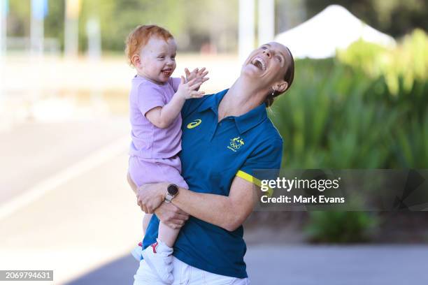 Canoeist Alyce Wood with daughter Florence during the Australian 2024 Paris Olympic Games Canoe Sprint Squad Announcement at Sydney International...