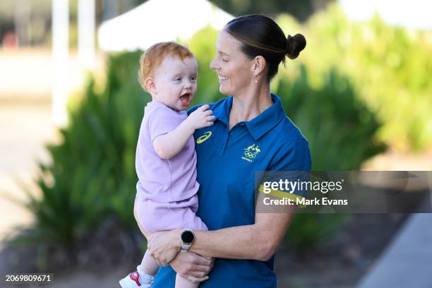 Canoeist Alyce Wood with daughter Florence during the Australian 2024 Paris Olympic Games Canoe Sprint Squad Announcement at Sydney International...