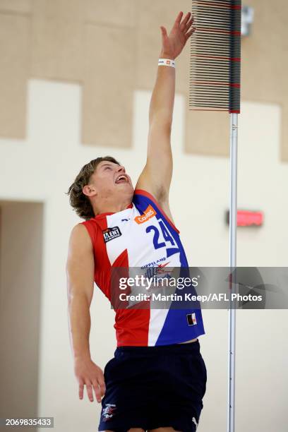 Brodie Atkins of Gippsland Power in action during the Coates Talent League Boys Testing at Narrandjeri Stadium on March 09, 2024 in Melbourne,...