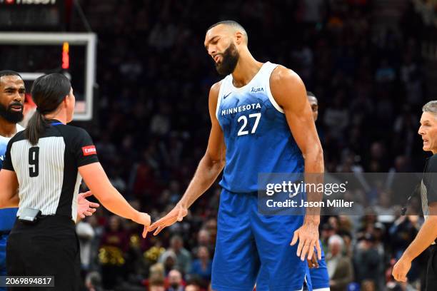 Rudy Gobert of the Minnesota Timberwolves reacts after being called for a technical foul by referee Natalie Sago during the fourth quarter against...