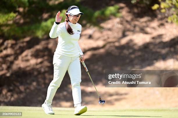 Haruka Amamoto of Japan acknowledges the gallery after saving the par on the 10th green during the third round of MEIJI YASUDA LIFE INSURANCE LADIES...