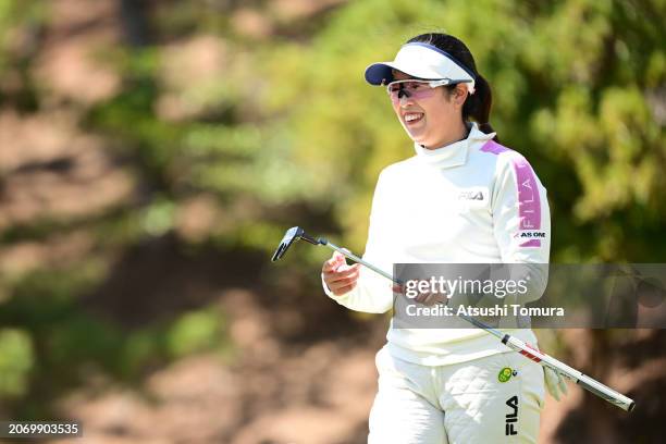 Haruka Amamoto of Japan smiles after saving the par on the 10th green during the third round of MEIJI YASUDA LIFE INSURANCE LADIES YOKOHAMA TIRE GOLF...