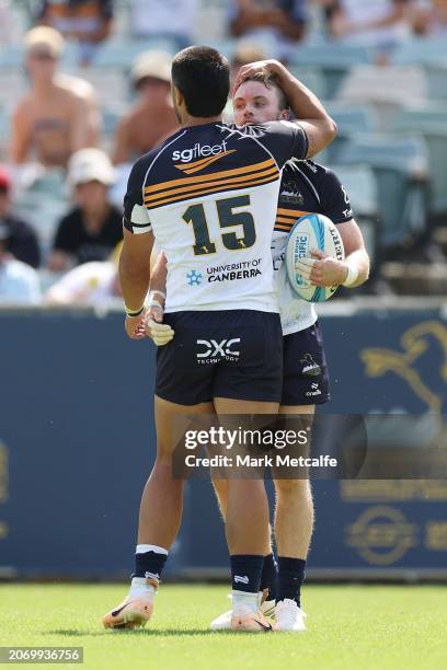 Ryan Lonergan of the Brumbies celebrates scoring a try during the round three Super Rugby Pacific match between ACT Brumbies and Western Force at ,...