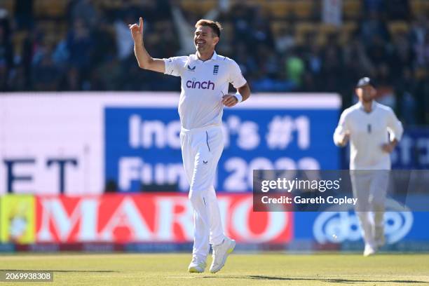 James Anderson of England celebrates dismissing Kuldeep Yadav of India to claim his 700th test wicket during day three of the 5th Test Match between...