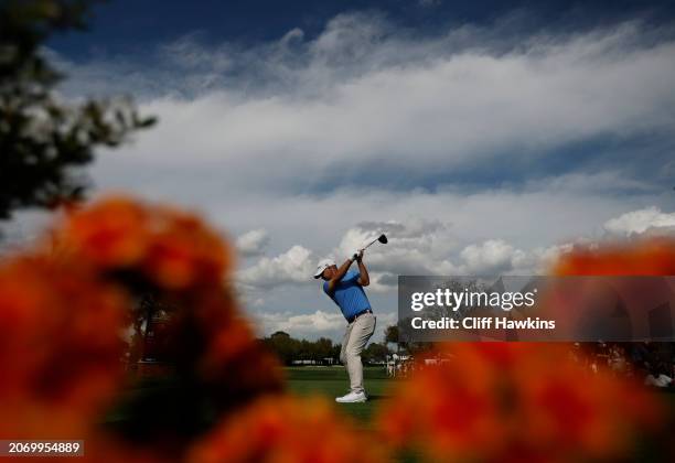 Brian Harman of the United States hits his shot from the tenth tee during the second round of the Arnold Palmer Invitational presented by Mastercard...