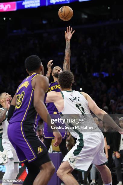 Angelo Russell of the Los Angeles Lakers shoots the ball during the second half of a game against the Milwaukee Bucks at Crypto.com Arena on March...