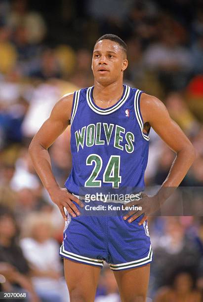 Pooh Richardson of the Minnesota Timberwolves waits for play during a game against the Los Angeles Lakers at the Great Western Forum in Los Angeles,...