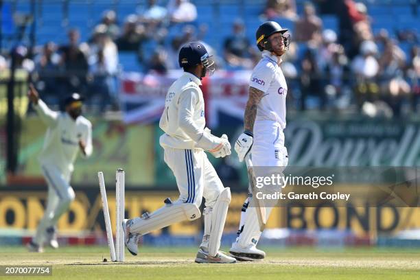 England captain Ben Stokes is bowled by Ravichandran Ashwin of India during day three of the 5th Test Match between India and England at Himachal...