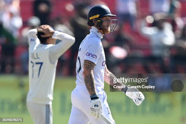 England captain Ben Stokes is leaves the field after being bowled by Ravichandran Ashwin of India during day three of the 5th Test Match between...