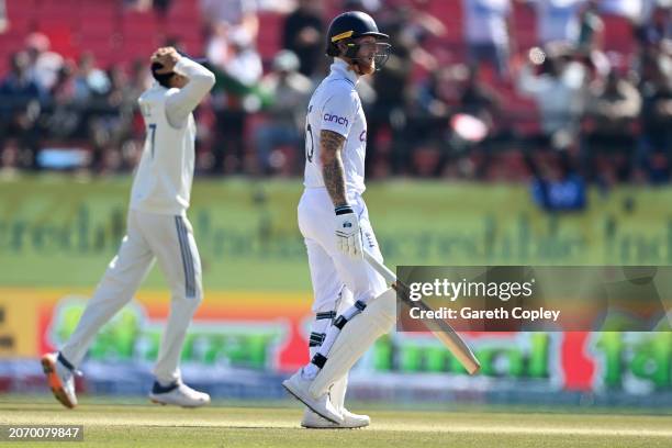 England captain Ben Stokes is leaves the field after being bowled by Ravichandran Ashwin of India during day three of the 5th Test Match between...