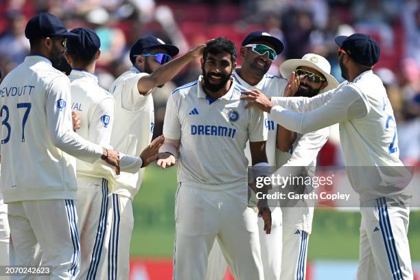 Jasprit Bumrah of India celebrates dismissing Mark Wood of England during day three of the 5th Test Match between India and England at Himachal...