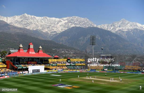 General view of play during day three of the 5th Test Match between India and England at Himachal Pradesh Cricket Association Stadium on March 09,...