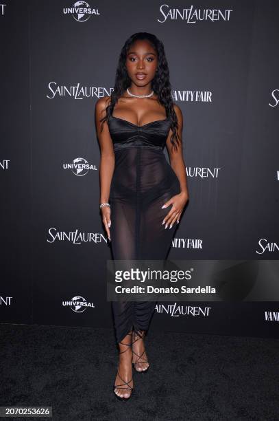 Normani attends the Saint Laurent x Vanity Fair x NBCUniversal dinner and party to celebrate “Oppenheimer” at a private residence on March 08, 2024...