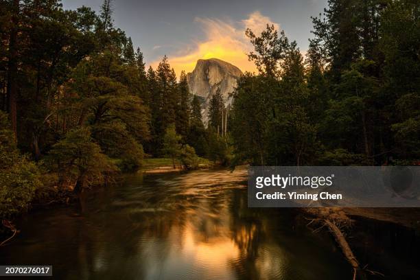 reflection of half dome in merced river - mariposa stock pictures, royalty-free photos & images