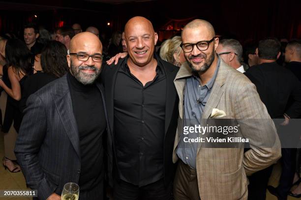 Jeffrey Wright, Vin Diesel, and Cord Jefferson attend the CAA pre-Oscar party at Sunset Tower Hotel on March 08, 2024 in Los Angeles, California.