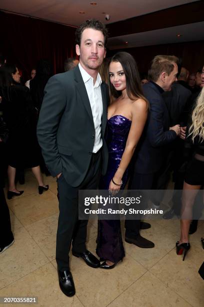 Miles Teller and Keleigh Sperry attend the CAA pre-Oscar party at Sunset Tower Hotel on March 08, 2024 in Los Angeles, California.