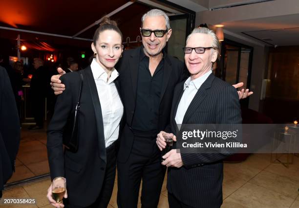 Emilie Livingston, Jeff Goldblum, and Bill Maher attend the CAA pre-Oscar party at Sunset Tower Hotel on March 08, 2024 in Los Angeles, California.