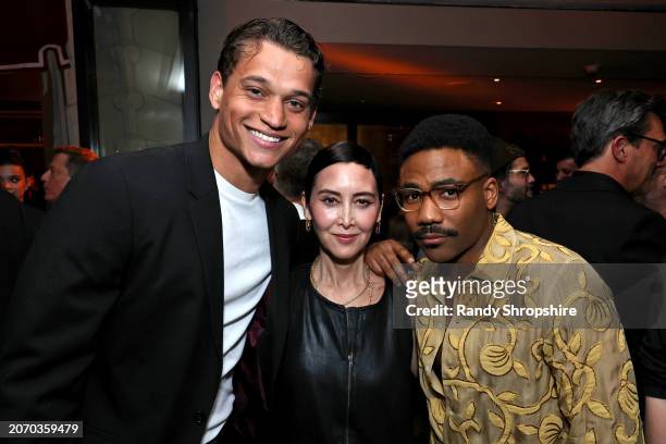 Tyriq Withers, Carmen Cuba, and Donald Glover attend the CAA pre-Oscar party at Sunset Tower Hotel on March 08, 2024 in Los Angeles, California.