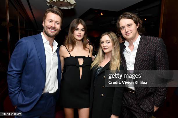 Glen Powell, Kaia Gerber, Billie Lourd, and Austen Rydell attend the CAA pre-Oscar party at Sunset Tower Hotel on March 08, 2024 in Los Angeles,...