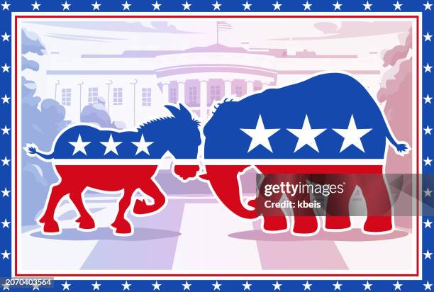 demokratischer esel vs. republikanischer elefant vor dem weißen haus - republikanischer us präsidentschaftskandidat stock-grafiken, -clipart, -cartoons und -symbole