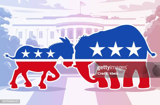 democratic donkey and republican elephant in front of the white house - elephant stock illustrations