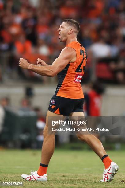 Jesse Hogan of the Giants celebrates a goal during the AFL Opening Round match between Greater Western Sydney Giants and Collingwood Magpies at ENGIE...