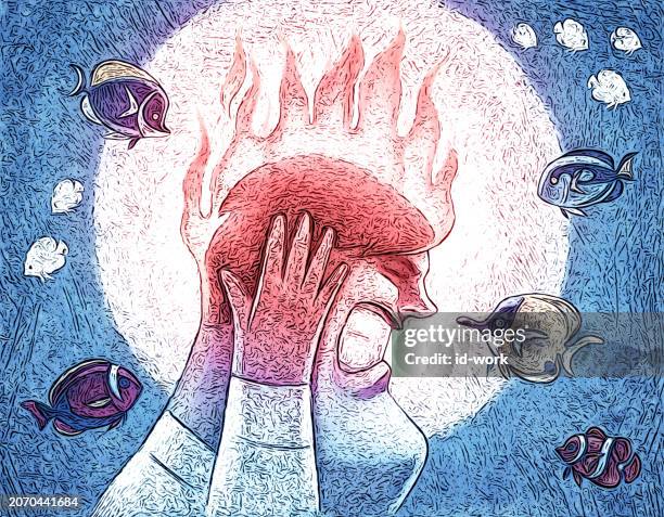 kopfschmerzmann beim schießen und treffen mit tropischen fischen - symptom stock-grafiken, -clipart, -cartoons und -symbole