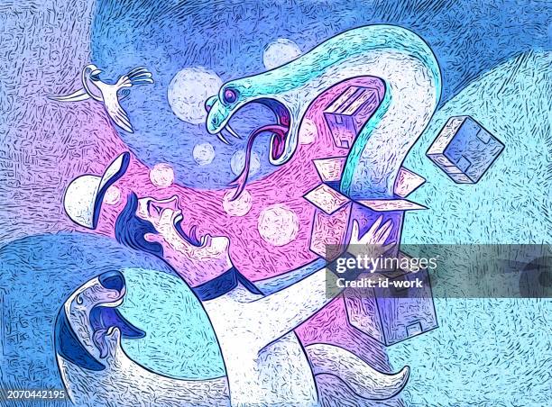 courier shocking while looking at angry snake coming out from parcel box - picking up litter stock illustrations