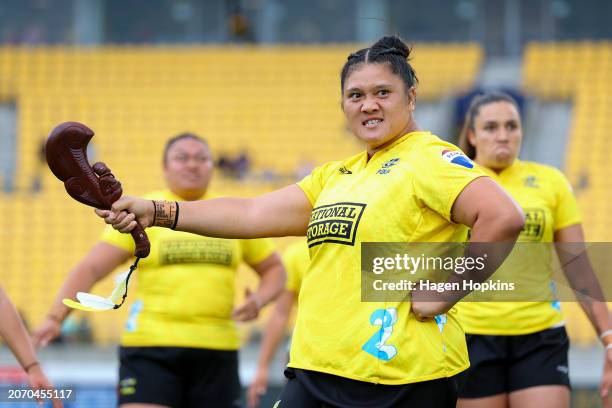 Leilani Perese of the Hurricanes Poua leads a haka during the round two Super Rugby Aupiki match between Hurricanes Poua and Matatu at Sky Stadium on...