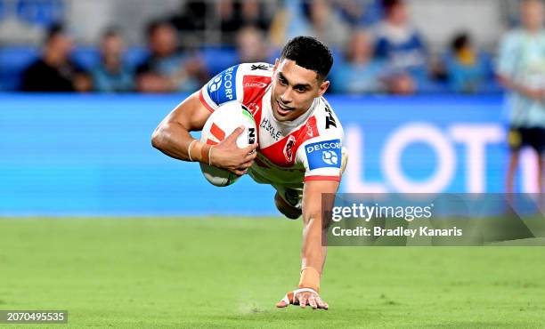 Tyrell Sloan of the Dragons scores a try during the round one NRL match between the Gold Coast Titans and St George Illawarra Dragons at Cbus Super...