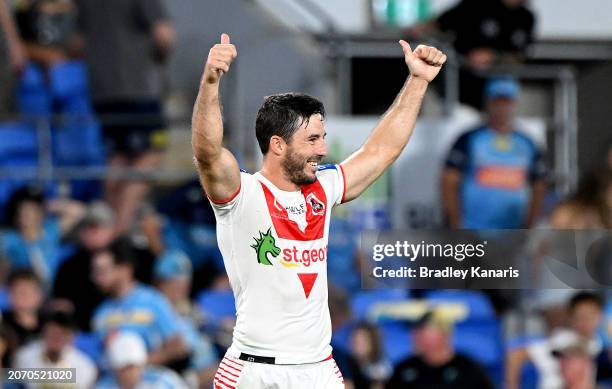 Ben Hunt of the Dragons celebrates victory after the round one NRL match between the Gold Coast Titans and St George Illawarra Dragons at Cbus Super...