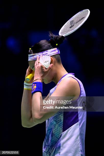 Tai Tzu Ying of Taiwan reacts during her Women's single semi final match against An Se Young of South Korea at the Yonex French open badminton at...