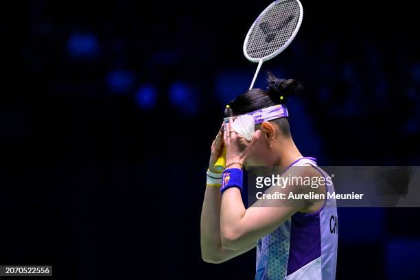 Tai Tzu Ying of Taiwan reacts during her Women's single semi final match against An Se Young of South Korea at the Yonex French open badminton at...