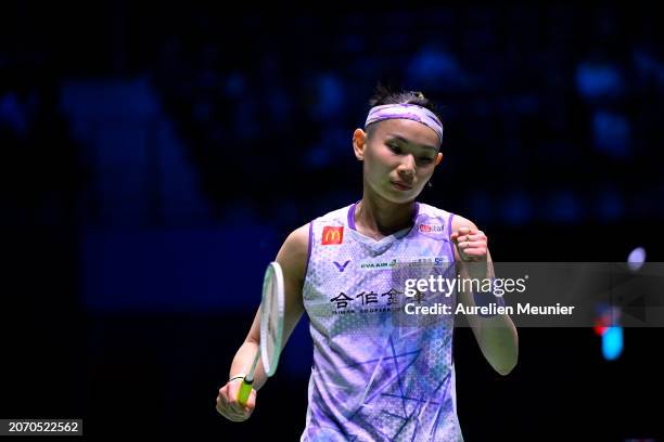 Tai Tzu Ying of Taiwan reacts during her Women's single semi final match against An Se Young of South Korea at the Yonex French open badminton at...